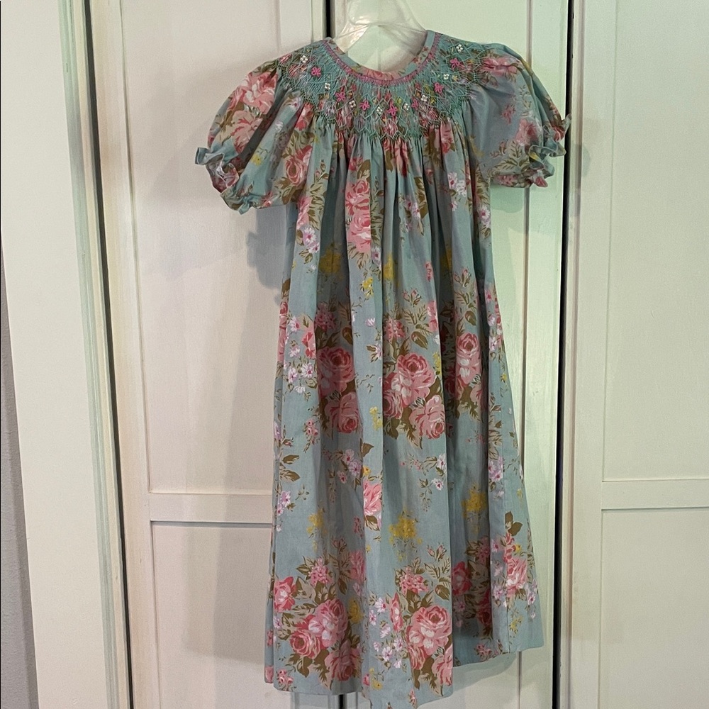Nola Smocked Floral Dress with Pink and Blue Hues & Pearl Accents